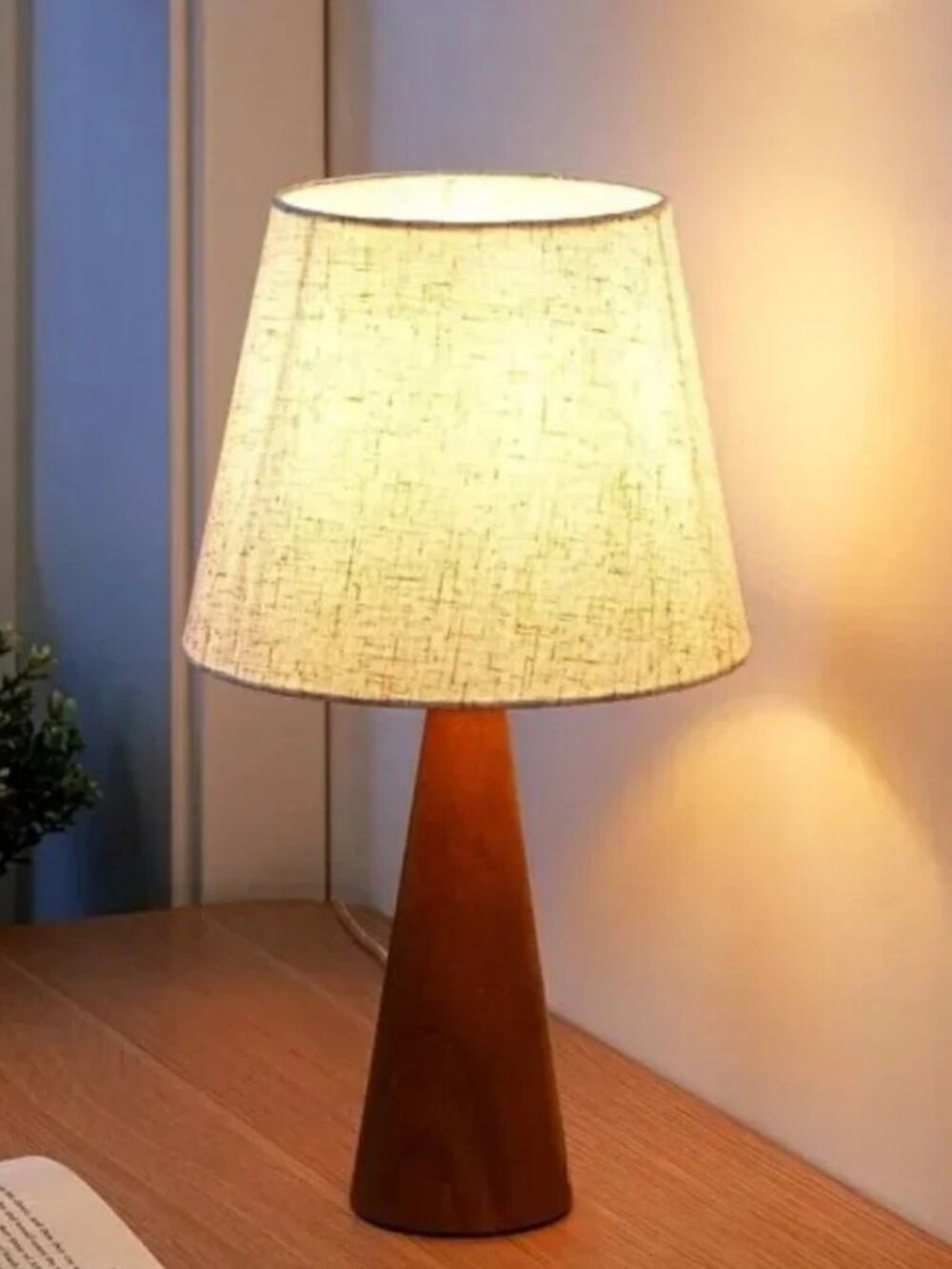 Modern Table Lamp, Wooden Base Bedside Lamp with Beige Linen Shade